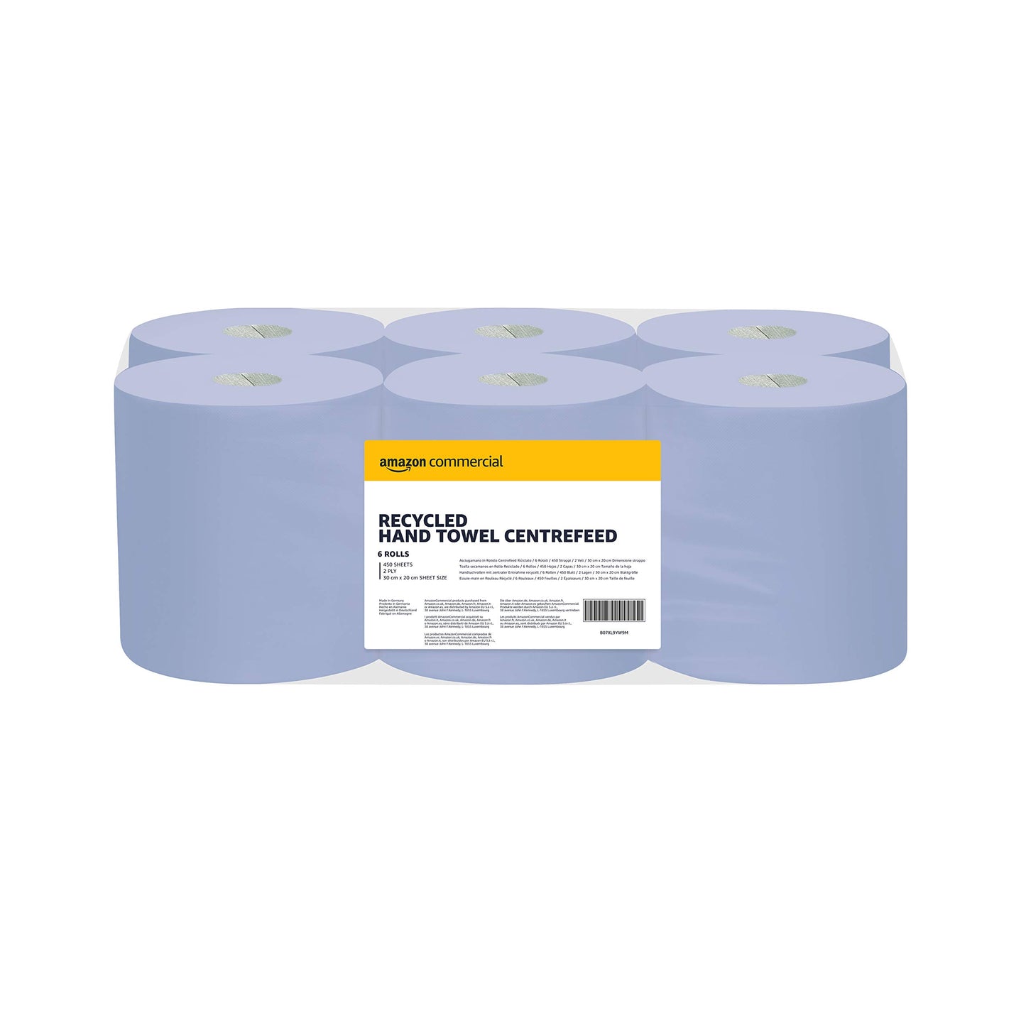 Papīra dvieļi AmazonCommercial XL, 2 kārtas, ar centrālo padevi, zils pārstrādāta papīra rullis, 6 ruļļi (1 iepakojums), 450 loksnes katrā rullī, loksnes izmērs: 20cm x 30cm