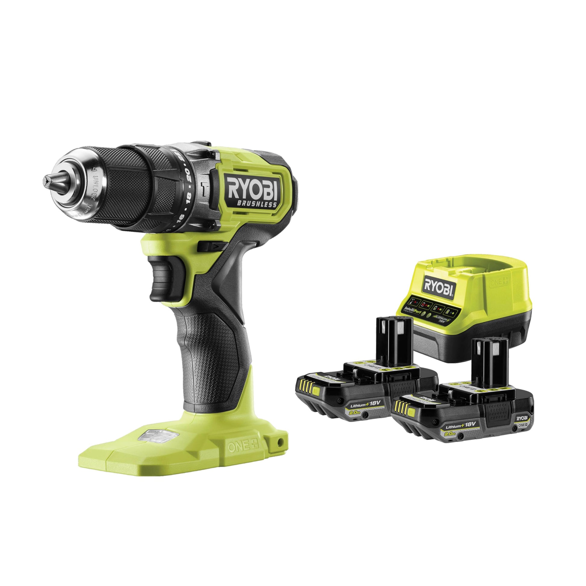 RYOBI 18V ONE+ bezsuku triecienurbjmašīna - 54 Nm griezes moments, 2x 2,0 Ah akumulatori, 2,0 A lādētājs.