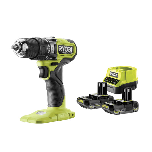 RYOBI 18V ONE+ bezsuku triecienurbjmašīna - 54 Nm griezes moments, 2x 2,0 Ah akumulatori, 2,0 A lādētājs.