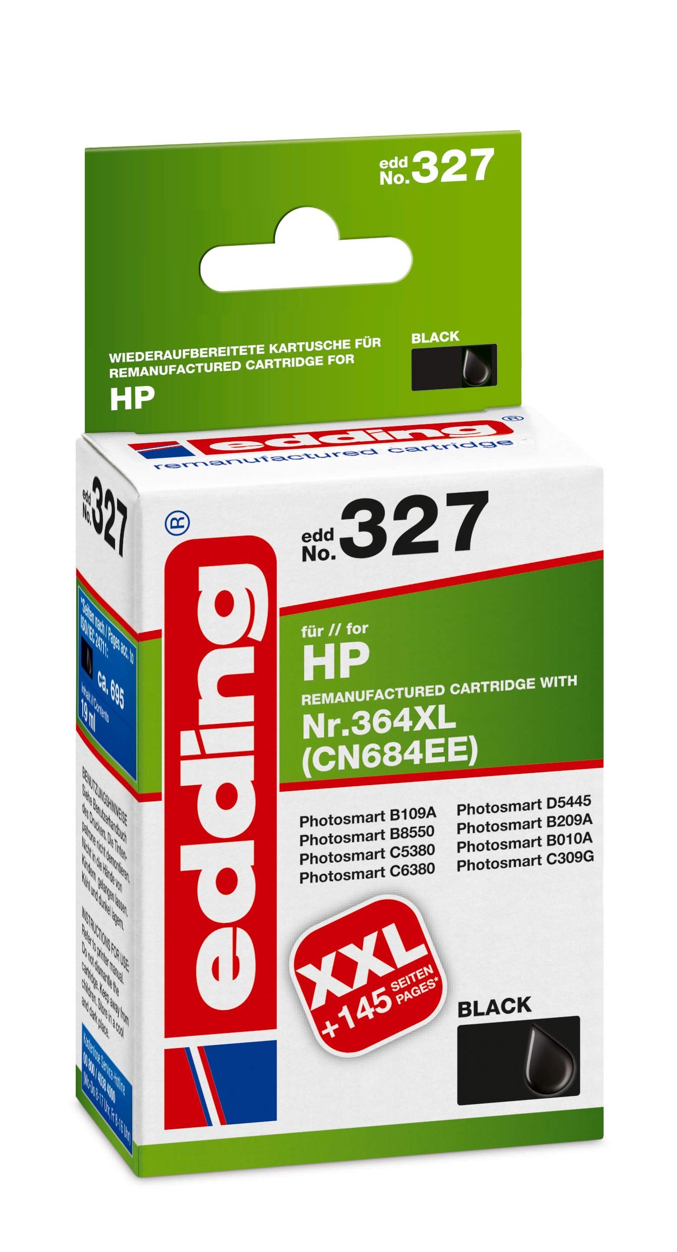 edding printera kasetne EDD-327 - melna, 19 ml, 695 lapas, aizstāj HP 364XL (CN684EE)