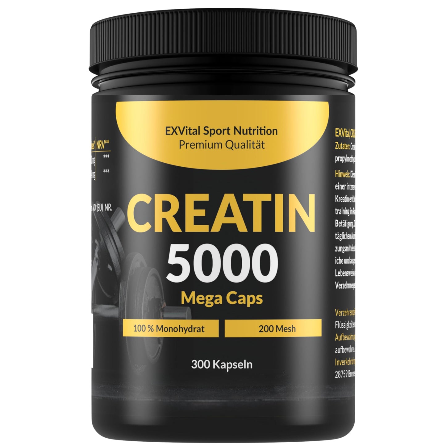 Creatin 5000 Mega Caps, 5000 mg kreatīna monohidrāts dienas devā, 300 vegānas kapsulas, 100% tīrs ar mesh faktoru 200, vegāns un laboratoriski pārbaudīts