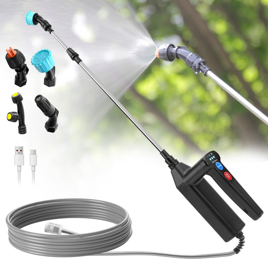 Akumulatora spiediena smidzinātājs SYLSTAR ar 3 smidzināšanas ātrumiem, 7.4V jaudīgāks elektriskais augu smidzinātājs, 4 regulējamas sprauslas, 8m šļūtene un 60cm izvelkama smidzināšanas caurule