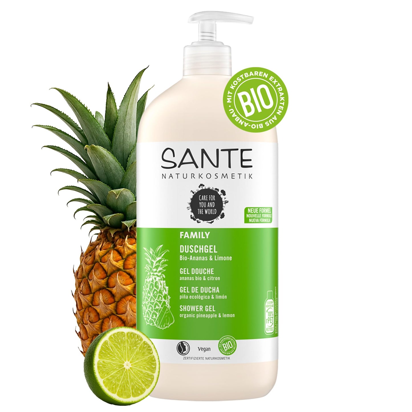 Dušas želeja SANTE Naturkosmetik ar citrusaugļu aromātu, mitrinoša dušas kopšana maigai ādai ģimenes izmēra iepakojumā, ar bio ananāsu un laimu, Family Duschgel, 1 x 950 ml