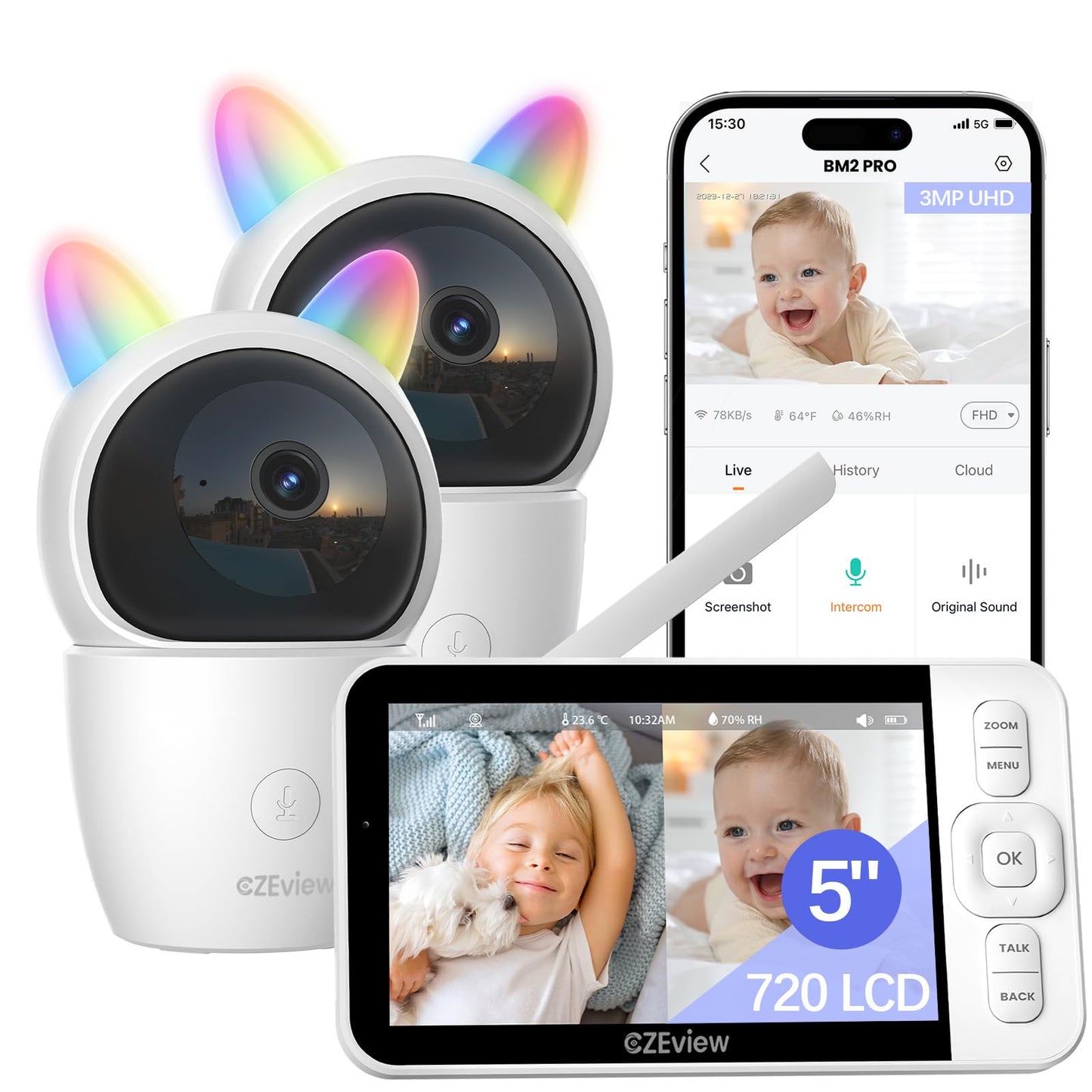 Babyphone ar 2 kamerām CZEview 2K/5,0" HD WiFi video baby monitor ar lietotni, 360°, 4× zoom, nakts redzamība, automātiska sekošana, raudāšanas/kustību/trokšņa noteikšana, temperatūras rādījums
