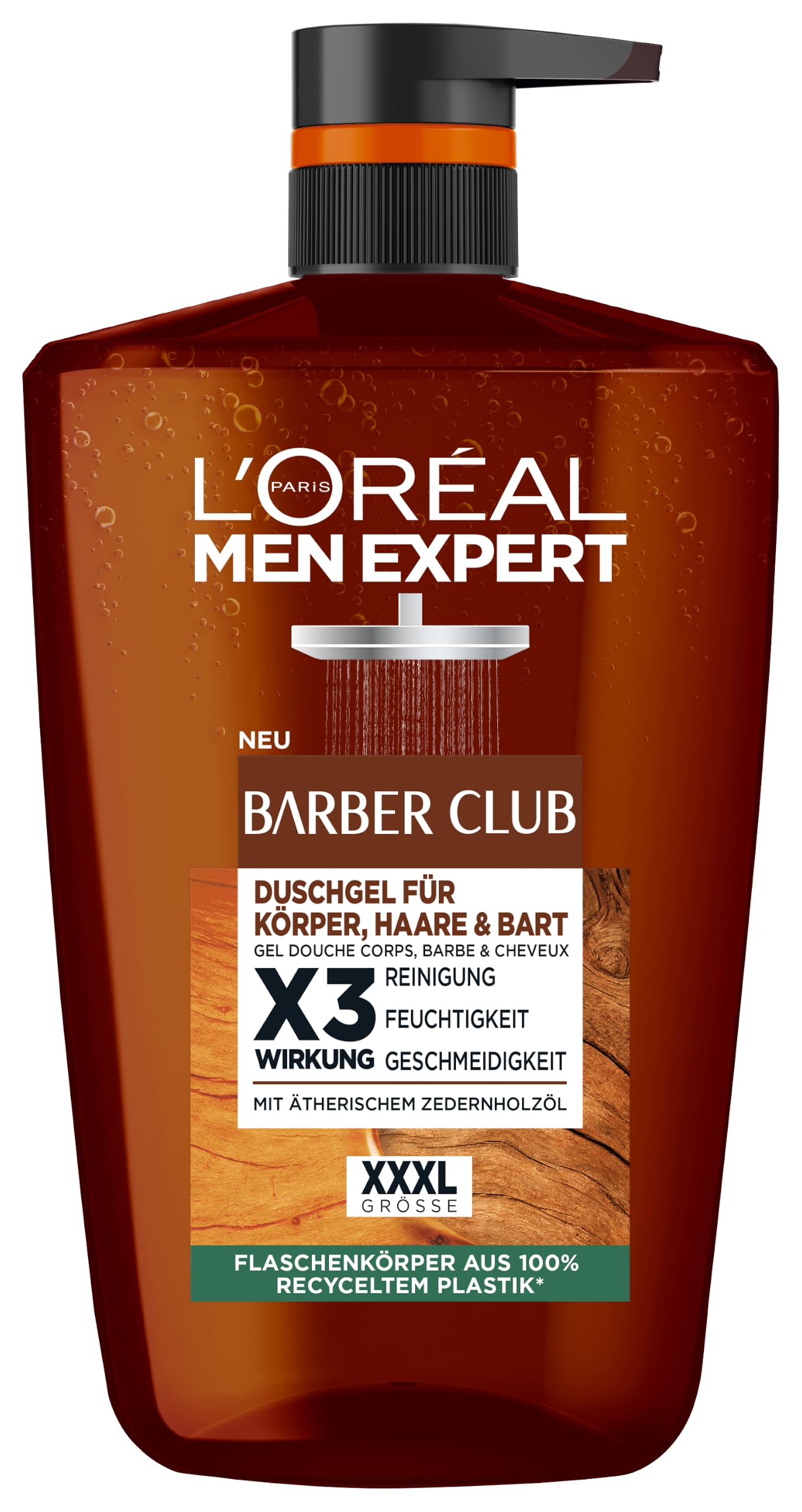 Dušas želeja un šampūns vīriešiem L'Oréal Men Expert Barber Club XXXL, ķermenim, matiem, sejai un bārdai, ar ciedrkoka eļļu, koksnains aromāts, 1 x 1000 ml
