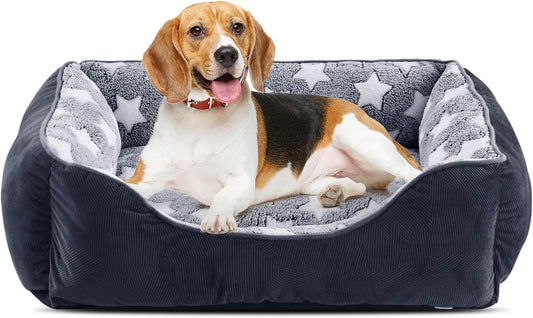 FURTIME suņu gulta vidēja izmēra suņiem, mazgājams suņu grozs, neslīdoša, pūkaina suņu matracis ar paaugstinātām malām, suņu sofa kaķiem, melna/zvaigznes, 63x53x20cm