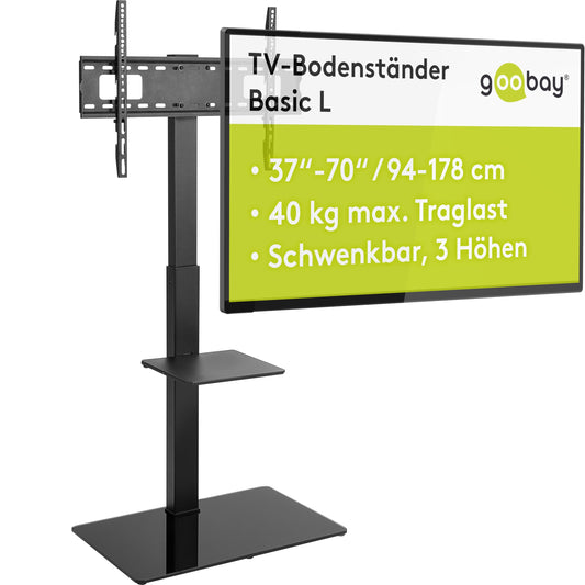 goobay 58526 TV statīvs televizoriem un monitoriem no 37“ līdz 70 collām (94-180cm) / Grozāms un augstuma regulējams / Televizora statīvs plakanajiem un izliektiem televizoriem līdz 40 kg melns