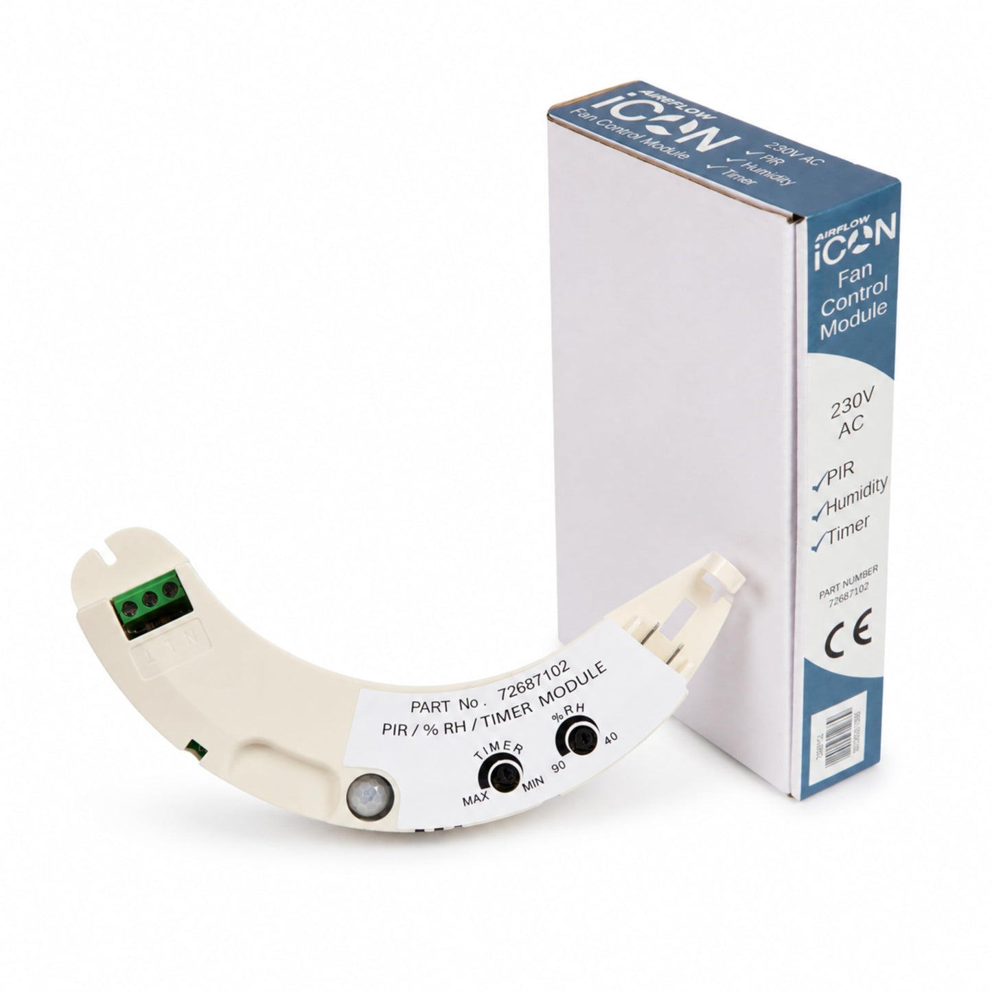 Airflow iCON PRHTM pieslēdzams mitruma, kustības un taimera modulis iCON 15, 30 un 60, regulējams 40–90% rF, PIR kustības noteikšana, 2–45 min taimeris, 3 gadu garantija