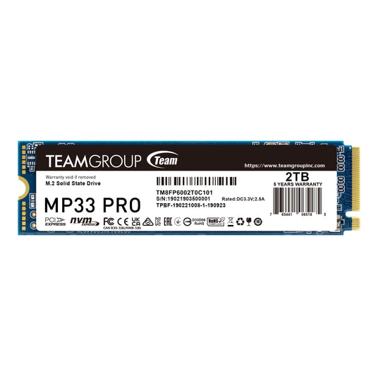 TEAMGROUP MP33 PRO 2TB SSD - M.2 PCIe 2280, up to 2100 MB/s, Gen3x4, TBW > 1,000 TB, high-speed internal storage.