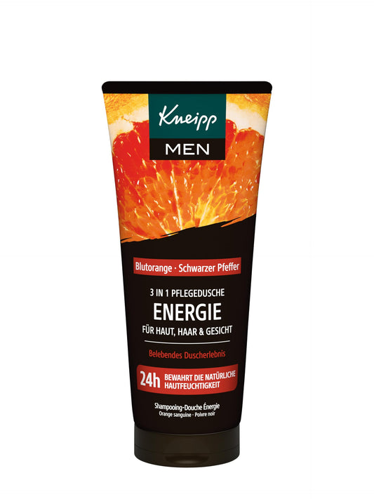 Dušas želeja vīriešiem Kneipp MEN 3 in 1 Pflege Dusche Energie 200 ml – ķermenim, matiem un sejai – ar dabīgu ēterisko sarkano apelsīnu eļļu un melno piparu ekstraktu