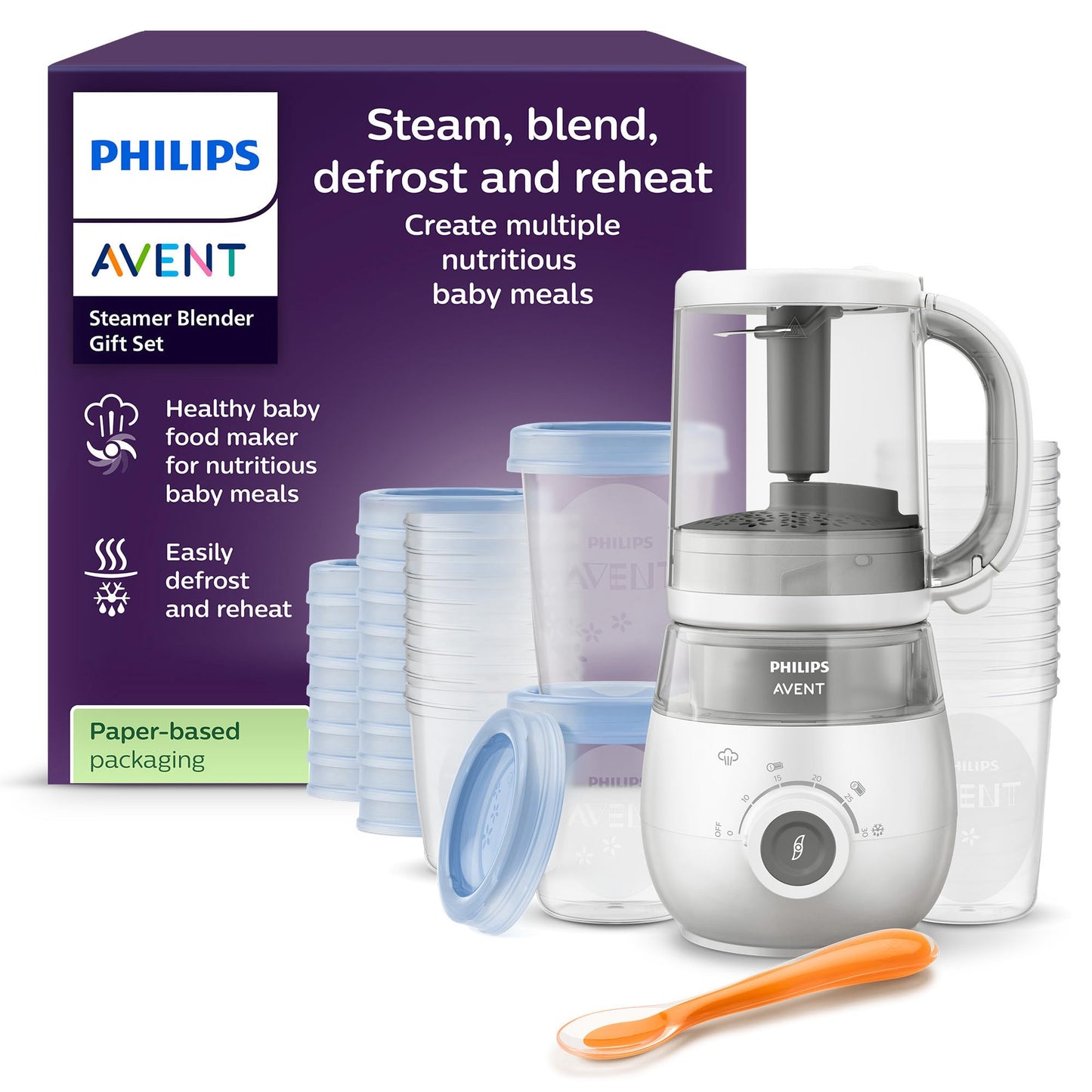 Dāvanu komplekts ar tvaicētāju un blenderi Philips Avent – 4-in-1 bērnu pārtikas gatavotājs, tvaicēšana, blendēšana, atkausēšana un uzsildīšana, ar piena traukiem un vāciņiem, SCF883/20