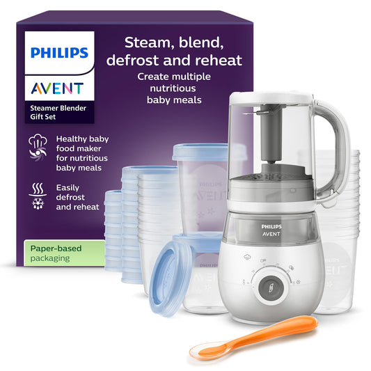Dāvanu komplekts ar tvaicētāju un blenderi Philips Avent – 4-in-1 bērnu pārtikas gatavotājs, tvaicēšana, blendēšana, atkausēšana un uzsildīšana, ar piena traukiem un vāciņiem, SCF883/20