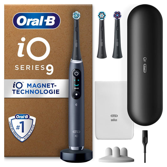 Oral-B iO Series 9 Plus Edition elektriskā zobu birste, PLUS 3 uzlikamās birstes, 7 tīrīšanas režīmi zobu kopšanai, uzlādes ceļojuma maciņš, izstrādājusi Braun, melnā oniks