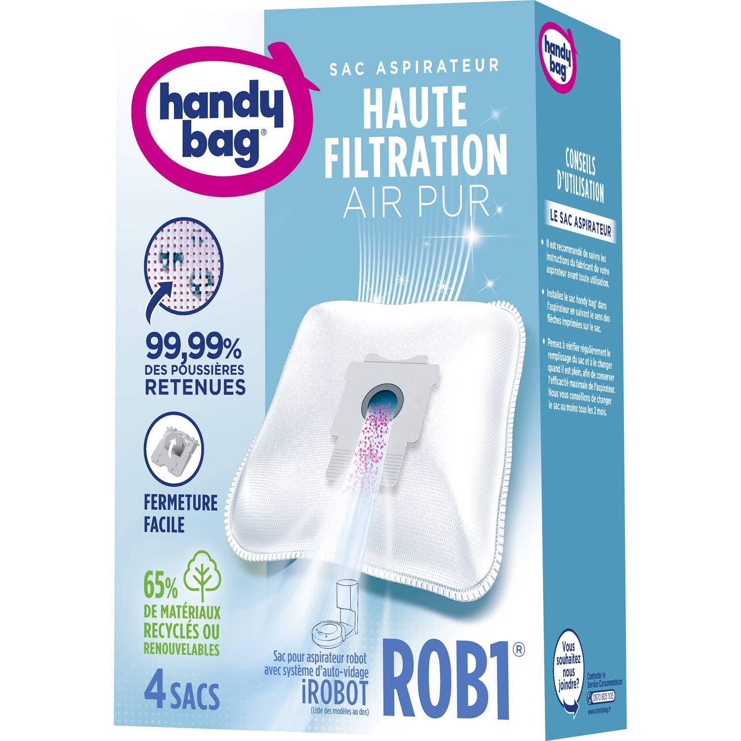 Handy Bag - Saderīgs ar iRobot ROB1, pašiztukšošanas sistēma, augsta filtrācija, 4 maisi.