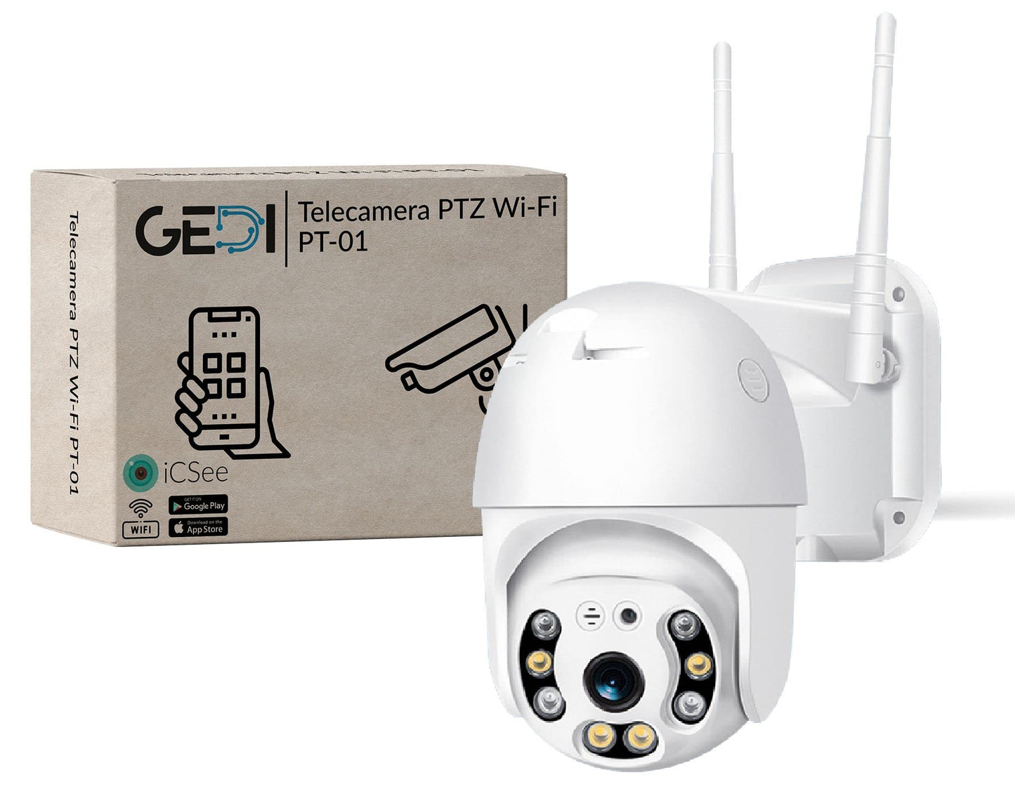 GeDi - WLAN kamera PTZ kupols 1080p 4 IR-LED un 4 LED-iekārta ārējai drošības video uzraudzībai ar lietotni ICSee kustības noteikšanas trauksme PT-01 ar SD kartes slotu