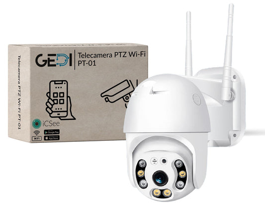 GeDi - WLAN kamera PTZ kupols 1080p 4 IR-LED un 4 LED-iekārta ārējai drošības video uzraudzībai ar lietotni ICSee kustības noteikšanas trauksme PT-01 ar SD kartes slotu