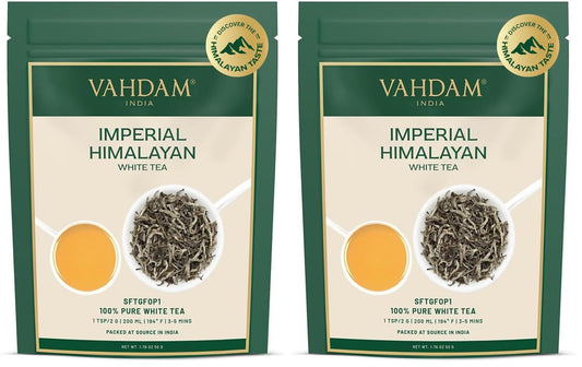 Baltoji tēja VAHDAM Himalaju, beramās lapas (50g), augstākā kvalitāte | 100% tīra tēja ar lapu pumpuriem, iepakota Indijā (2 iepakojumi)