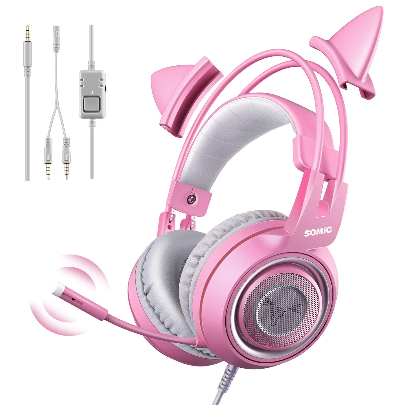 Gaming austiņas Somic G951S rozā ar mikrofonu, kaķa ausis, 3,5-mm kabelis Xbox One, PS4, viedtālrunim
