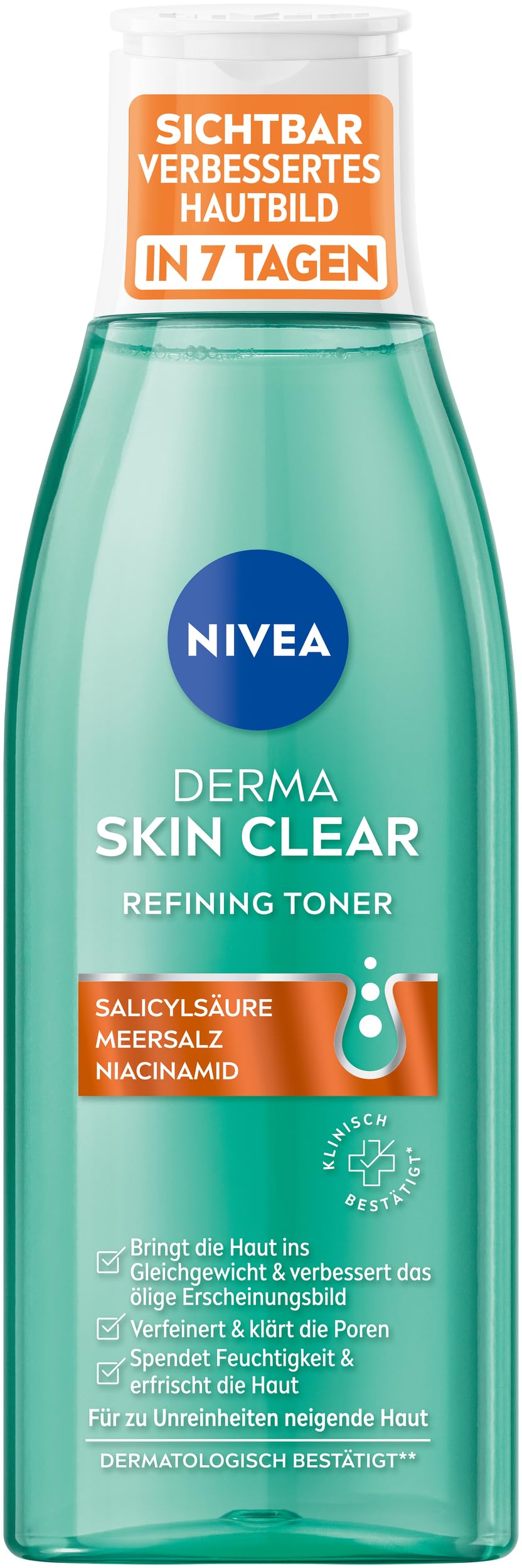 NIVEA Derma Skin Clear attīrošs toniks, poras sašaurinošs sejas ūdens redzami uzlabotai ādai, ar salicilskābi un niacinamīdu, 200 ml