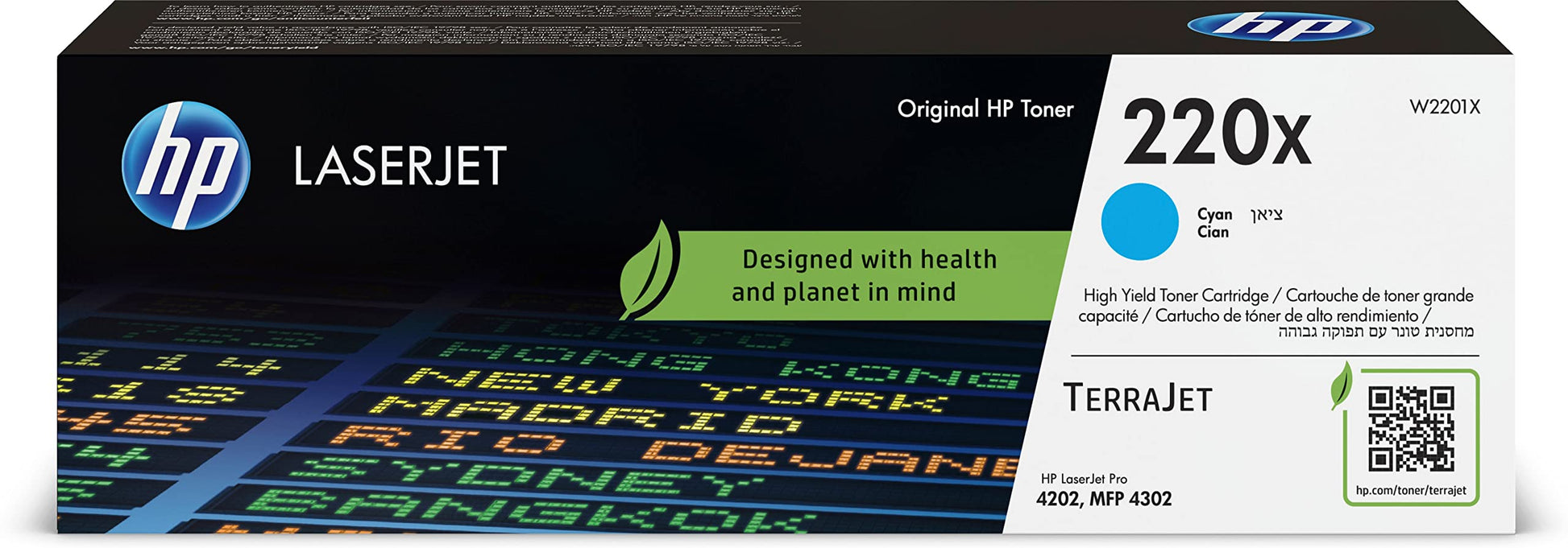 HP 220X Cyan toner cartridge - Original, high-yield, vibrant color for LaserJet printers.