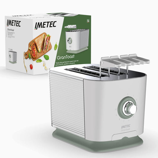 Imetec GranToast tosteris, 2 papildu lielas atveres un atveramas knaibles ekstra bieza tosta pagatavošanai, 10 brūnināšanas līmeņi, taimeris ar automātisku izslēgšanos, drupatu atvilktne, 600 W
