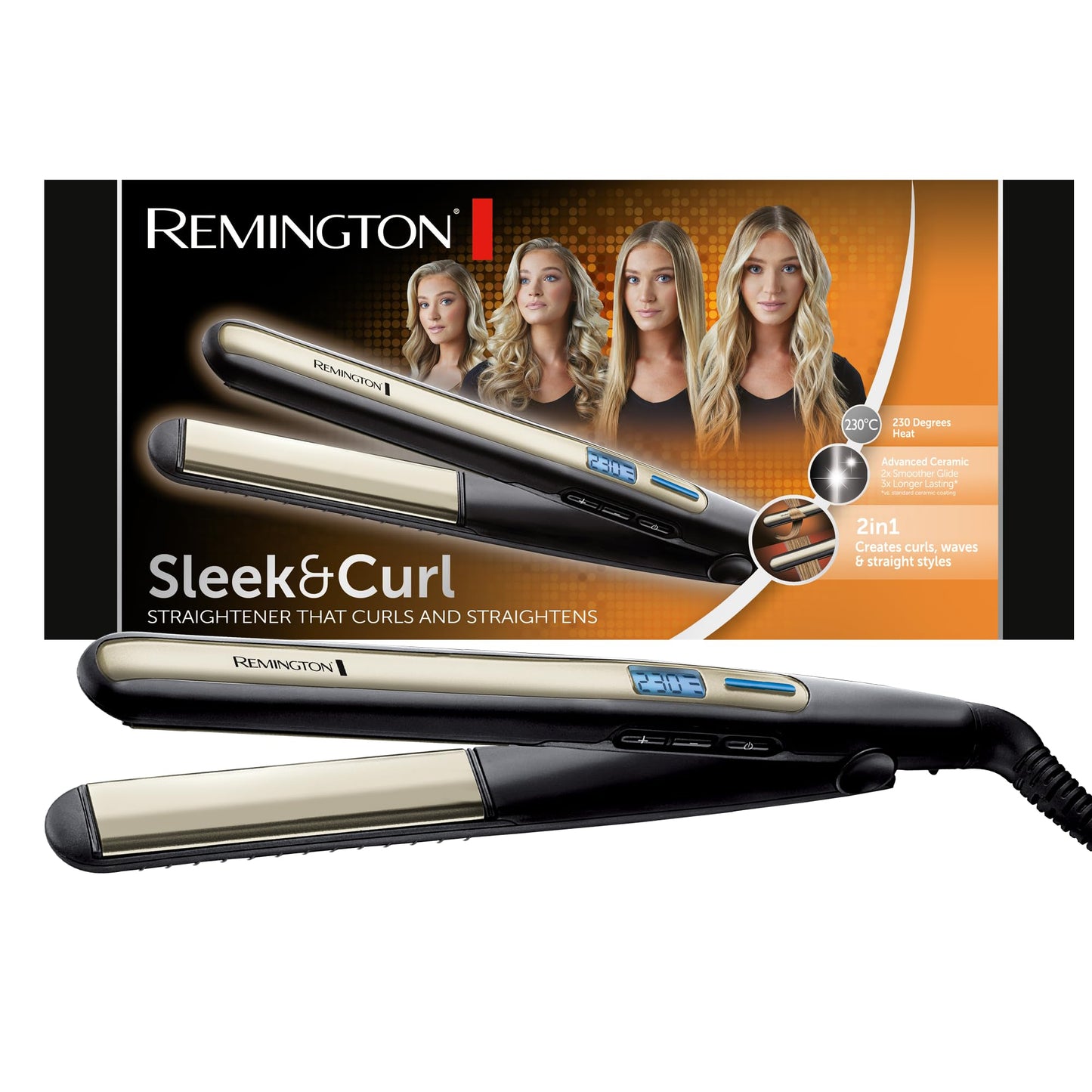 Remington Glätteisen Sleek & Curl (noapaļots dizains -ideāls matu izlīdzināšanai un cirtņu un viļņu veidošanai, augstas kvalitātes Ultra-Turmalin-keramikas pārklājums) LCD displejs, 150-230°C, matu izlīdzinātājs S6500
