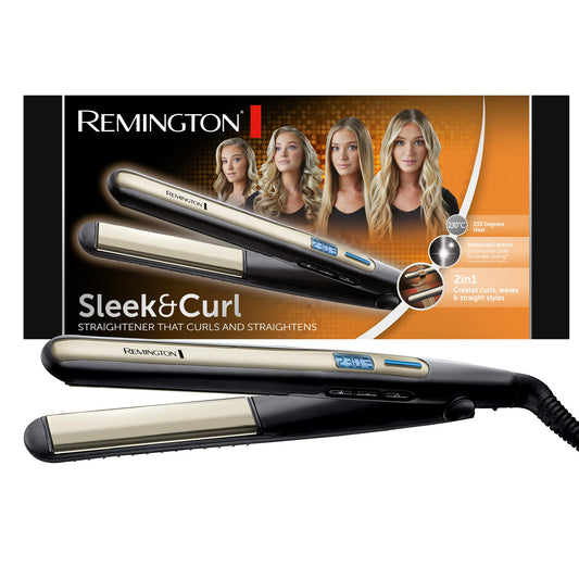 Remington Glätteisen Sleek & Curl (noapaļots dizains -ideāls matu izlīdzināšanai un cirtņu un viļņu veidošanai, augstas kvalitātes Ultra-Turmalin-keramikas pārklājums) LCD displejs, 150-230°C, matu izlīdzinātājs S6500