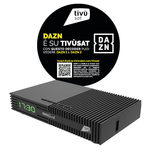 DIGIQUEST Tivùsat Ti9, DVB-S2 dekoders, pašinstalējams, 2-in-1 tālvadības pults, Tivùsat viedkarte iekļauta, HDR, ierakstīšanas funkcija aktivizējama, SOS poga, ierīce kanāliem DAZN 1 un 2