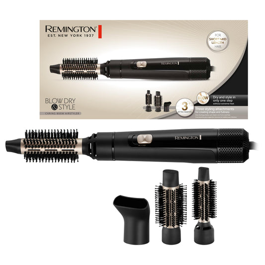 Remington siltā gaisa suka [iekļauti 3 uzgaļi: 25mm un 38mm apaļā suka, stila uzgalis] Fēns un stils (žāvē un veido formu un apjomu īsiem/vidējiem matiem) 2 sildīšanas un ventilatora līmeņi, gaisa stilizētājs AS7300