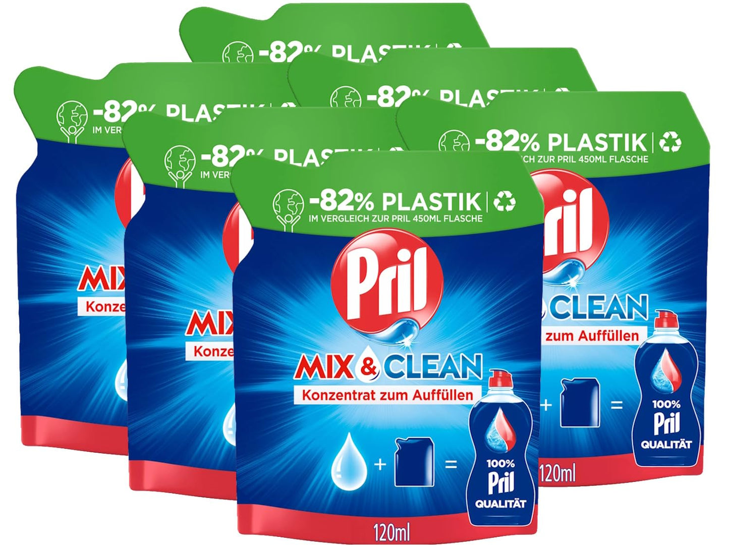 Trauku mazgāšanas līdzekļa uzpildes koncentrāts PRIL Mix & Clean, 6x 120 ml, spēcīga tauku šķīdināšana, efektīvs arī aukstā ūdenī