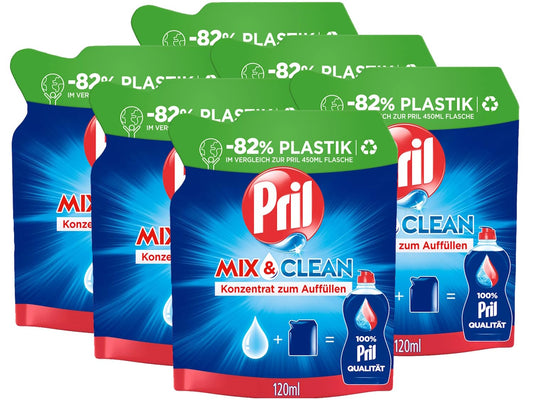 Trauku mazgāšanas līdzekļa uzpildes koncentrāts PRIL Mix & Clean, 6x 120 ml, spēcīga tauku šķīdināšana, efektīvs arī aukstā ūdenī