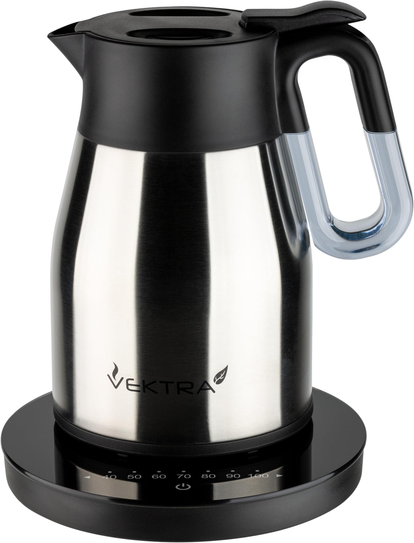 Vektra VEK-1504 tējkanna - 1,5 L vakuuma izolācija, temperatūras iestatījums, nerūsējošais tērauds, BPA-brīvs, matēts.