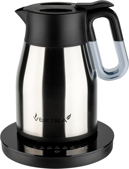 Vektra VEK-1504 tējkanna - 1,5 L vakuuma izolācija, temperatūras iestatījums, nerūsējošais tērauds, BPA-brīvs, matēts.