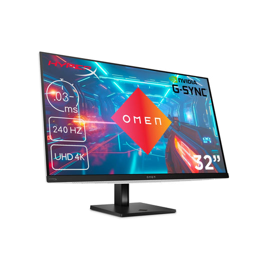 HP Omen Transcend Gaming Monitor - 31.5" 4K UHD OLED, 240Hz, 0.03ms response, HyperX Audio, aRGB lighting, adjustable stand.
