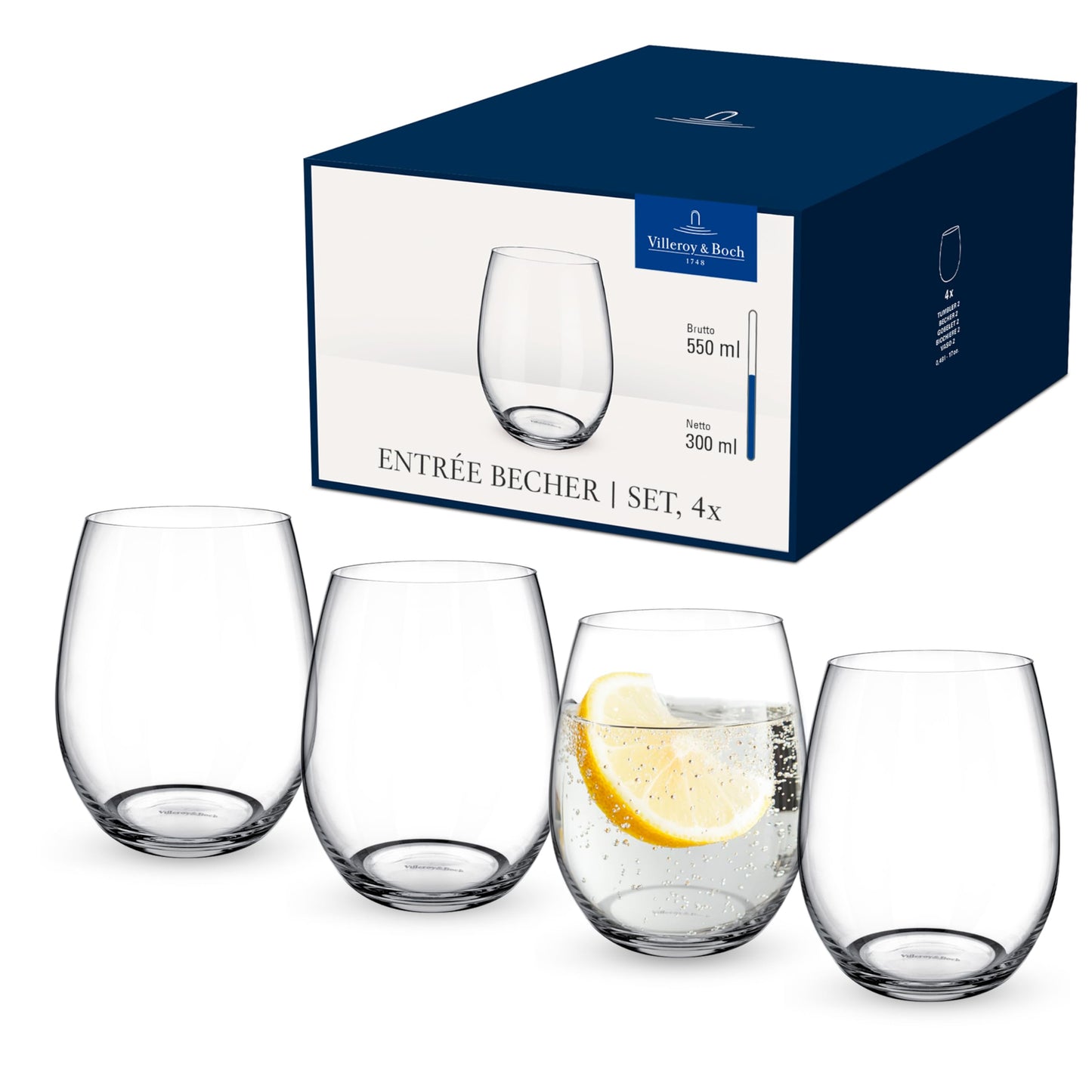 Ūdens glāžu komplekts Villeroy & Boch Entree, 4 gab., 250 ml, caurspīdīgas kristāla stikla glāzes, mazgājamas trauku mazgājamā mašīnā