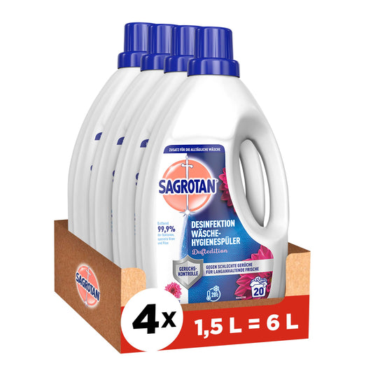 Veļas higiēnas skalošanas līdzeklis Sagrotan Duftedition, dezinfekcijas skalošanas līdzeklis tīrai un svaigai veļai, 4 x 1,5 l