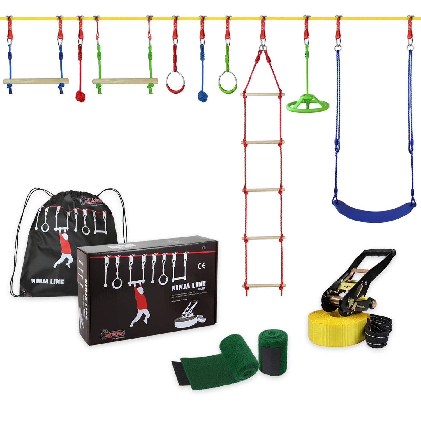 ALPIDEX Ninja Line bērniem, slackline šķēršļu josla, vingrošanas riņķi, šūpoles