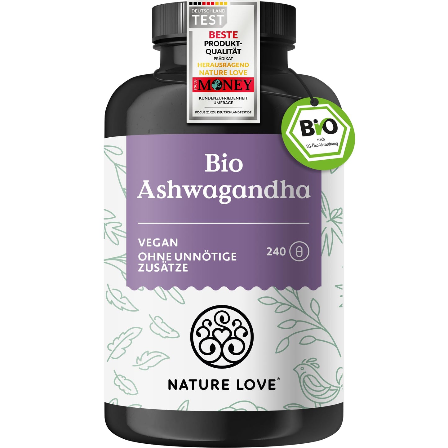 Bioloģiska ašvaganda NATURE LOVE, 240 kapsulas, 1950mg dienas devā, Indijas ašvaganda