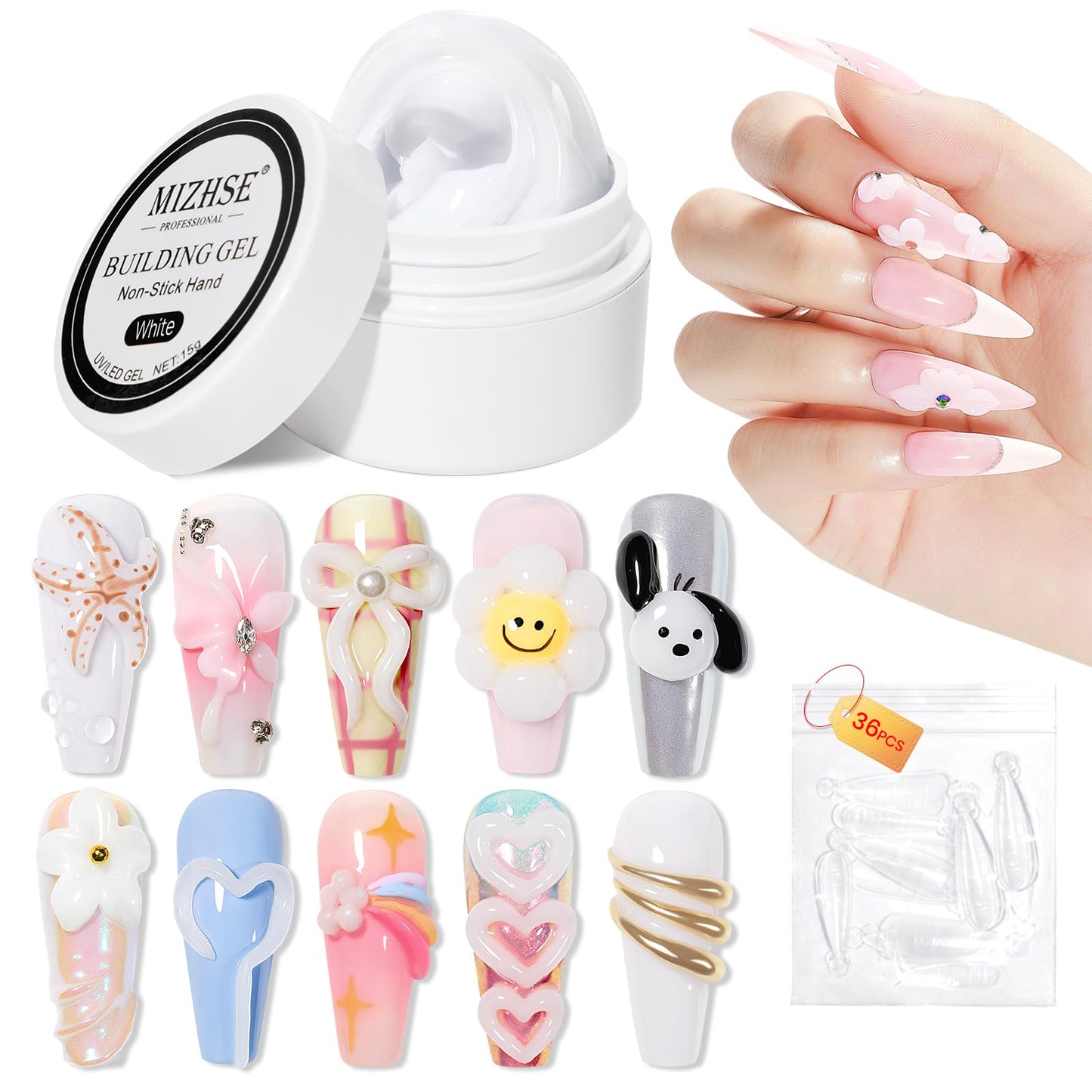 Gēla nagu modelēšanas gels MIZHSE Weiß 3D Solid Builder Gel 15G, baltā krāsa, nagu pieaudzēšanai