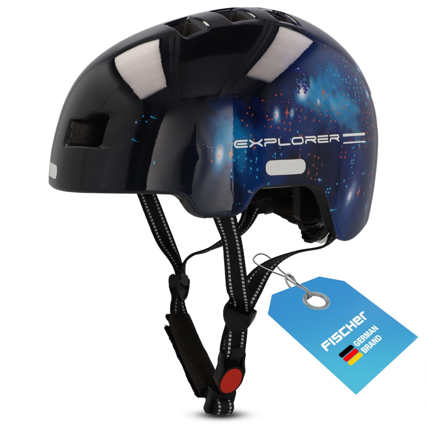 Velosipēda ķivere FISCHER BMX, Dirt Bike Helmet Plus Universe, S/M, 54-58 cm, melna, ar integrētu LED aizmugurējo lukturi