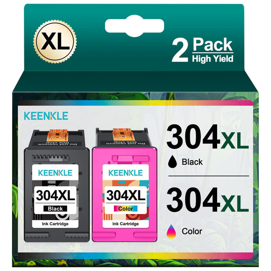 KEENKLE Pārstrādāta tinte 304XL - melna un trīskrāsu, 2 iepakojumi, saderīga ar HP Envy un Deskjet printeriem.