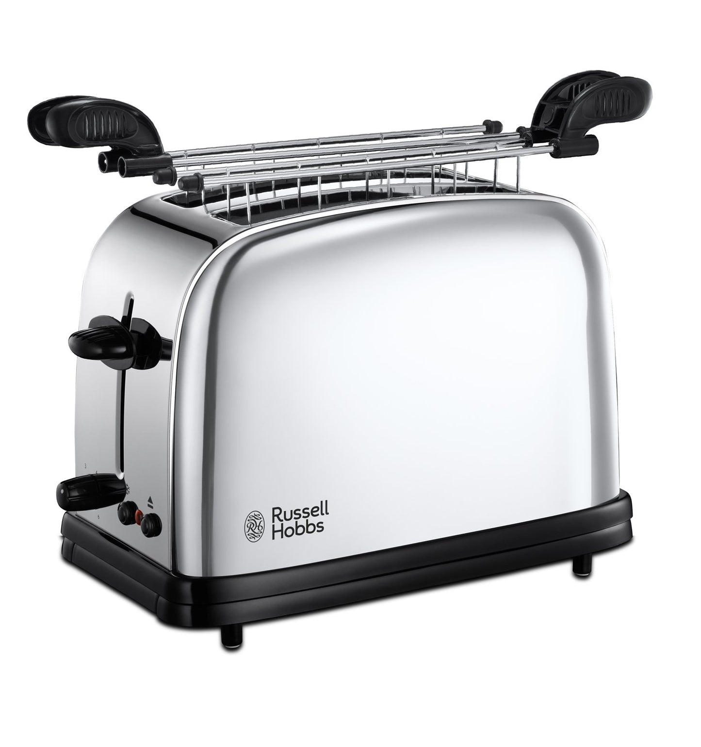 Russell Hobbs tosteris sviestmaizēm [2 šķēlēm, ieskaitot sviestmaizes/panini knaibles] Victory nerūsējošais tērauds (papildu platās tosteru atveres, 6 brūnināšanas līmeņi + atkausēšanas un uzsildīšanas funkcija, 1200W) 23310-57