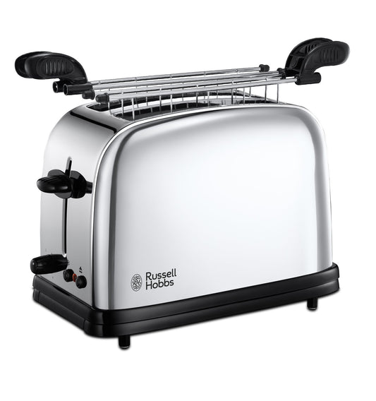 Russell Hobbs tosteris sviestmaizēm [2 šķēlēm, ieskaitot sviestmaizes/panini knaibles] Victory nerūsējošais tērauds (papildu platās tosteru atveres, 6 brūnināšanas līmeņi + atkausēšanas un uzsildīšanas funkcija, 1200W) 23310-57