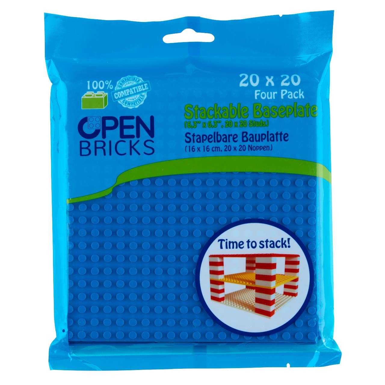 OPEN BRICKS būvplāksnes - 20x20 cm, zils, 4 gabali, saderīgs ar visiem vadošajiem zīmoliem, abpusēji būvējams