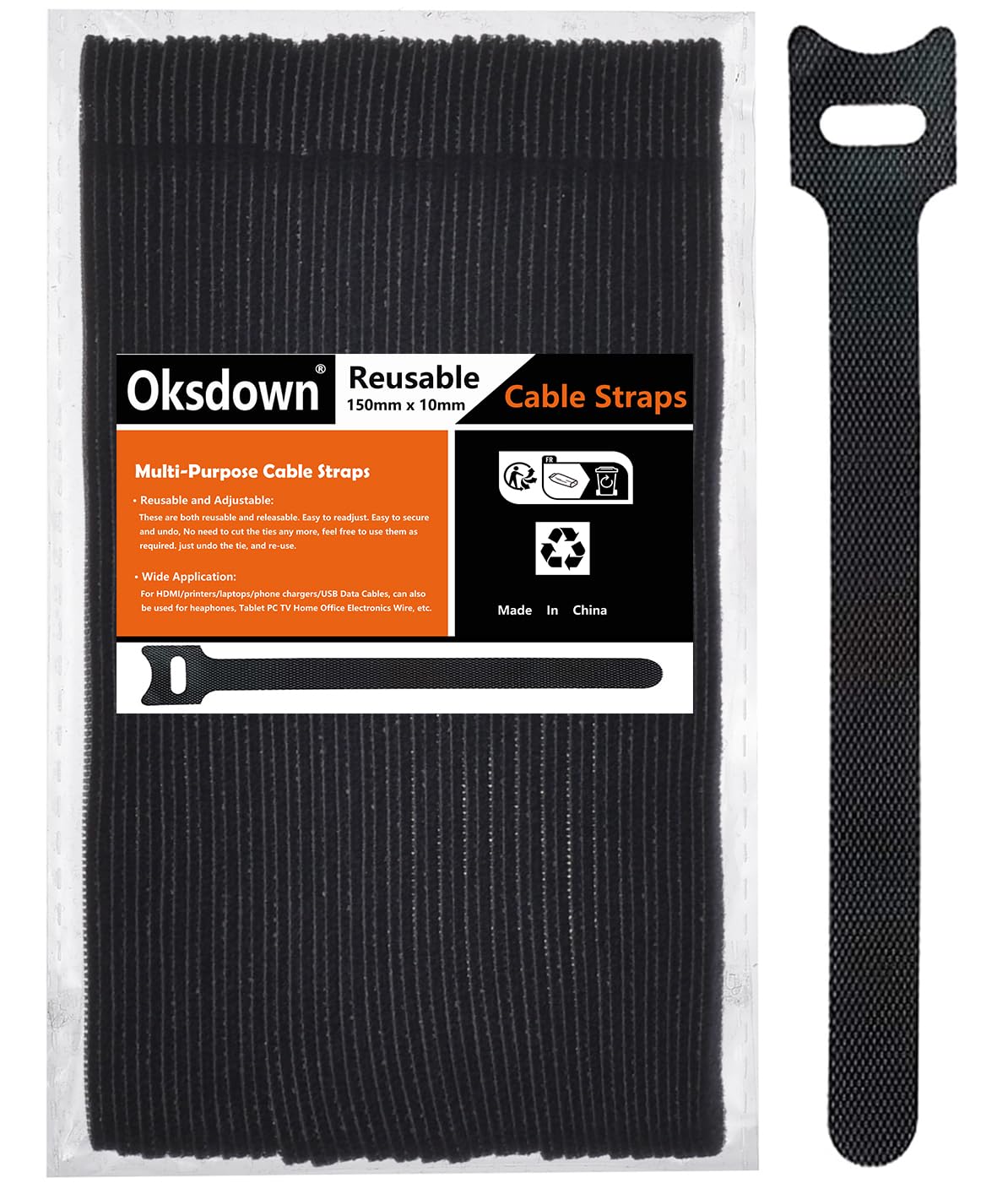 Velcro kabeļu saites Oksdown, atkārtoti lietojamas, melnas, 50 gab., 150mm × 12mm, neilons 6.6, kabeļu organizēšanai