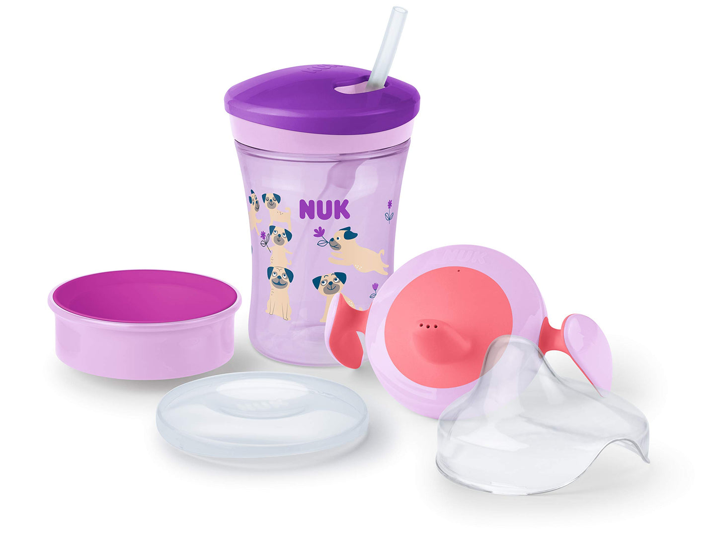 NUK 3-in-1 dzeršanas apmācības komplekts ar Trainer Cup snīpīškrūzi (6+ mēneši), Magic Cup 360° dzeramo krūzi (8+ mēn.) un Action Cup bērnu dzeramo pudelīti (12+ mēn.) | 230 ml | BPA nesaturošs | suns (violets)