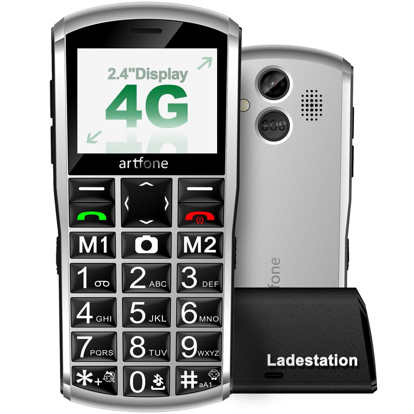 Senioru mobilais tālrunis 4G VoLTE artfone A400 bez līguma, taustiņu telefons ar lielām pogām, SOS pogu un 1800mAh akumulatoru, Dual-SIM, ar galda uzlādes staciju, 2,4" displejs