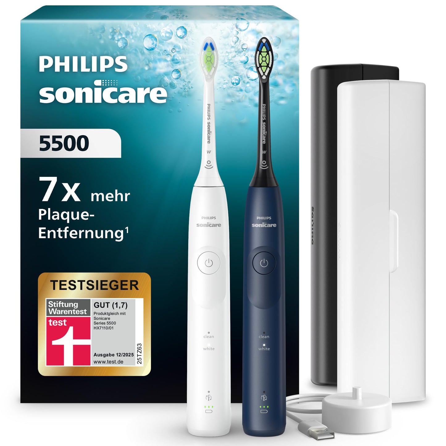 Philips Sonicare 5500 elektriskā zobu birste, Sonic zobu birste ar 2 tīrīšanas režīmiem, spiediena kontrole, EasyStart, SmarTimer un BrushPacer, balta un jūras zila, 2 gab., modelis HX7119/01 [Jauna tehnoloģija]