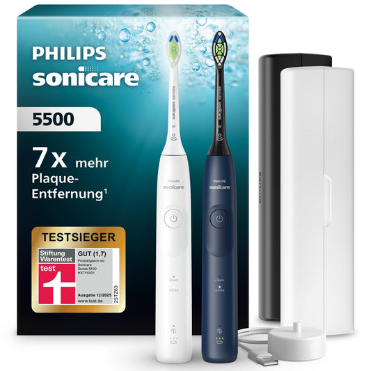 Philips Sonicare 5500 elektriskā zobu birste, Sonic zobu birste ar 2 tīrīšanas režīmiem, spiediena kontrole, EasyStart, SmarTimer un BrushPacer, balta un jūras zila, 2 gab., modelis HX7119/01 [Jauna tehnoloģija]