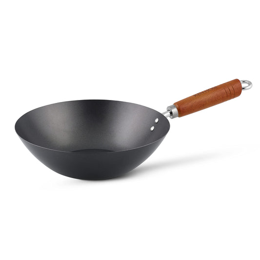Ken Hom wok panna - 27cm oglekļa tērauds, nelipīgs pārklājums, koka rokturis, plakans dibens, nav piemērota trauku mazgāšanai.